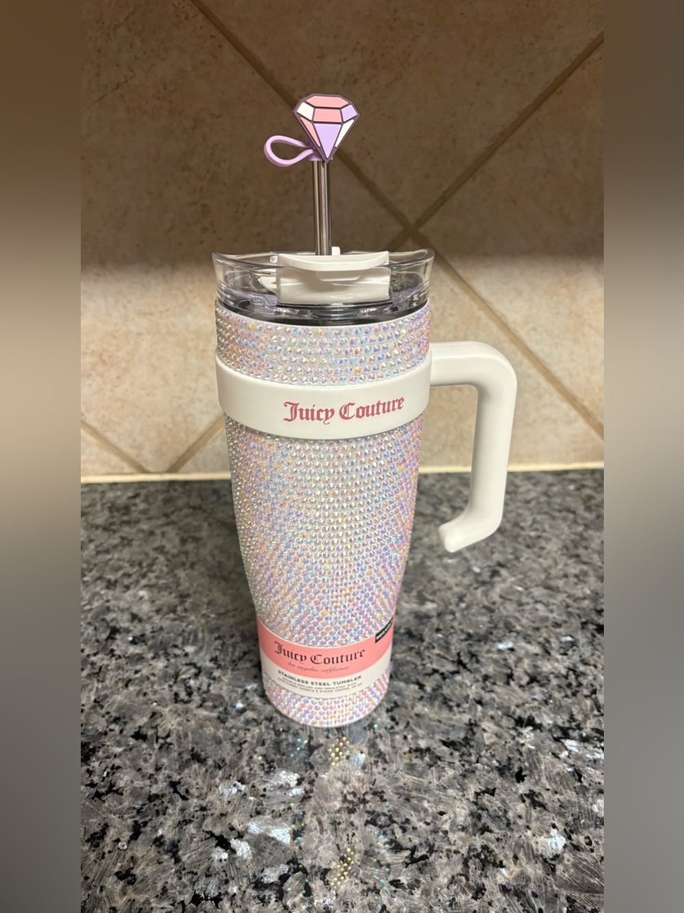 Juicy Couture Silver Rhinestone Stainless Steel Tumbler 40oz with straw/handle